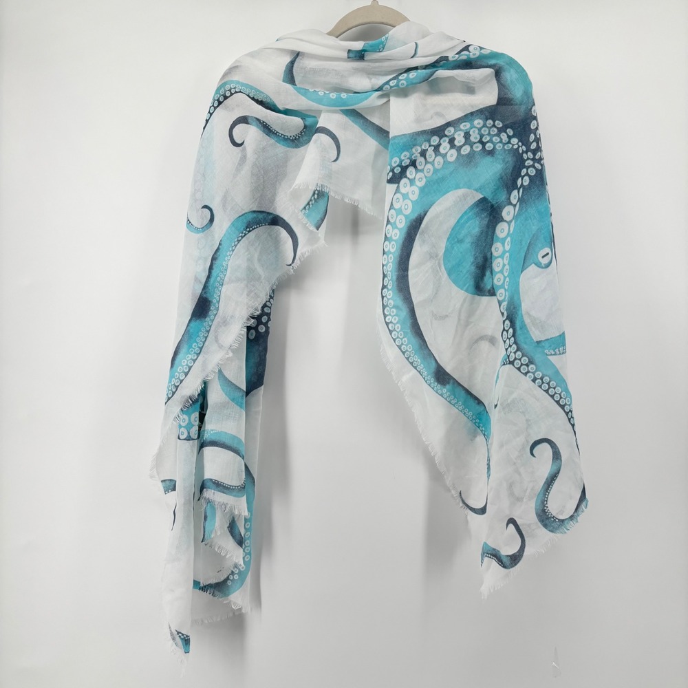 JC Sunny Just Classic Blue Octopus Print 100% Cotton Scarf Frayed Edge 28x70